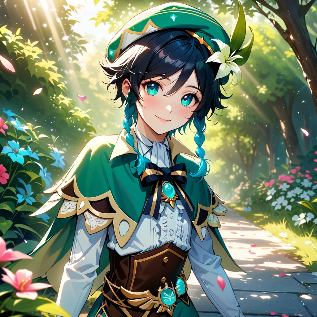 (best quality,4k,8k,highres,masterpiece:1.2),1boy,venti genshin impact,male focus,flat chest,ultra-detailed,realistic,morning of spring,sunlight reflection,delicate light rays,rich color palette,elegant curves,effects of light and shadow,subtle reflections,sparkling gemstones,flower petals falling,springtime essence,ethereal atmosphere,peaceful garden background,morning dew,soft sunlight filtering through trees,plants,komorebi,vividly colored blossoms,harmonious blend of nature and art,transcendent beauty,awe-inspiring artwork,white long-sleeved shirt, brown corset,green shorts, white tights,green cape,hat,brooch,green eyes, smile,cinematic lighting, ray tracing, UHD, high details, high quality, award winning, super detail, 