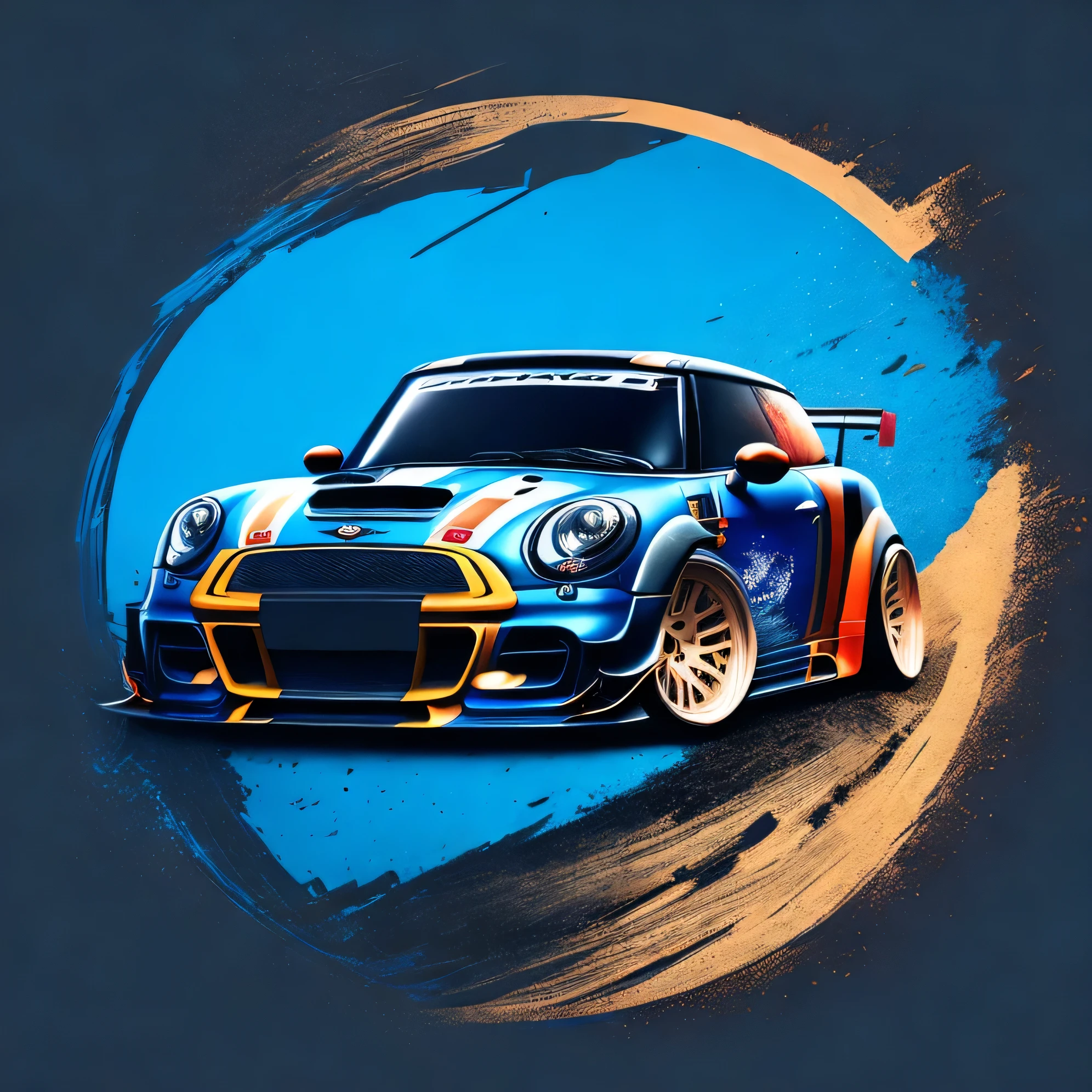 Zephyr Designz circlular splash style Artwork for t-shirt graphic design a race inspired graphic design front profile shot of two R56 JCW Mini Cooper S blue colour scheme, Zephyr Designz carbon fibre body kit design, Liberty walk ultra wide body kit, aggressive stance background: racetrack, outside old industrial style building, large windows in background, bright sky, heavy industrial look, 8K quality, realistic, realism, sharp, detailed, ultrawide, ,epic ultra wide body kit, super low stance, aggressive looks , vector image, t shirt design circular faded edges