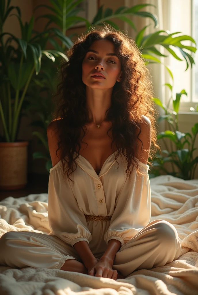 (photorealism:1.2), beautiful woman, sitting on bed, wearing loose off-shoulder top, pajama pants, long curly hair, indoors, soft lighting, plants in background, window with sunlight, cozy room, relaxed pose, realistic, intricate details, warm colors, by Greg Rutkowski, by Alphonse Mucha