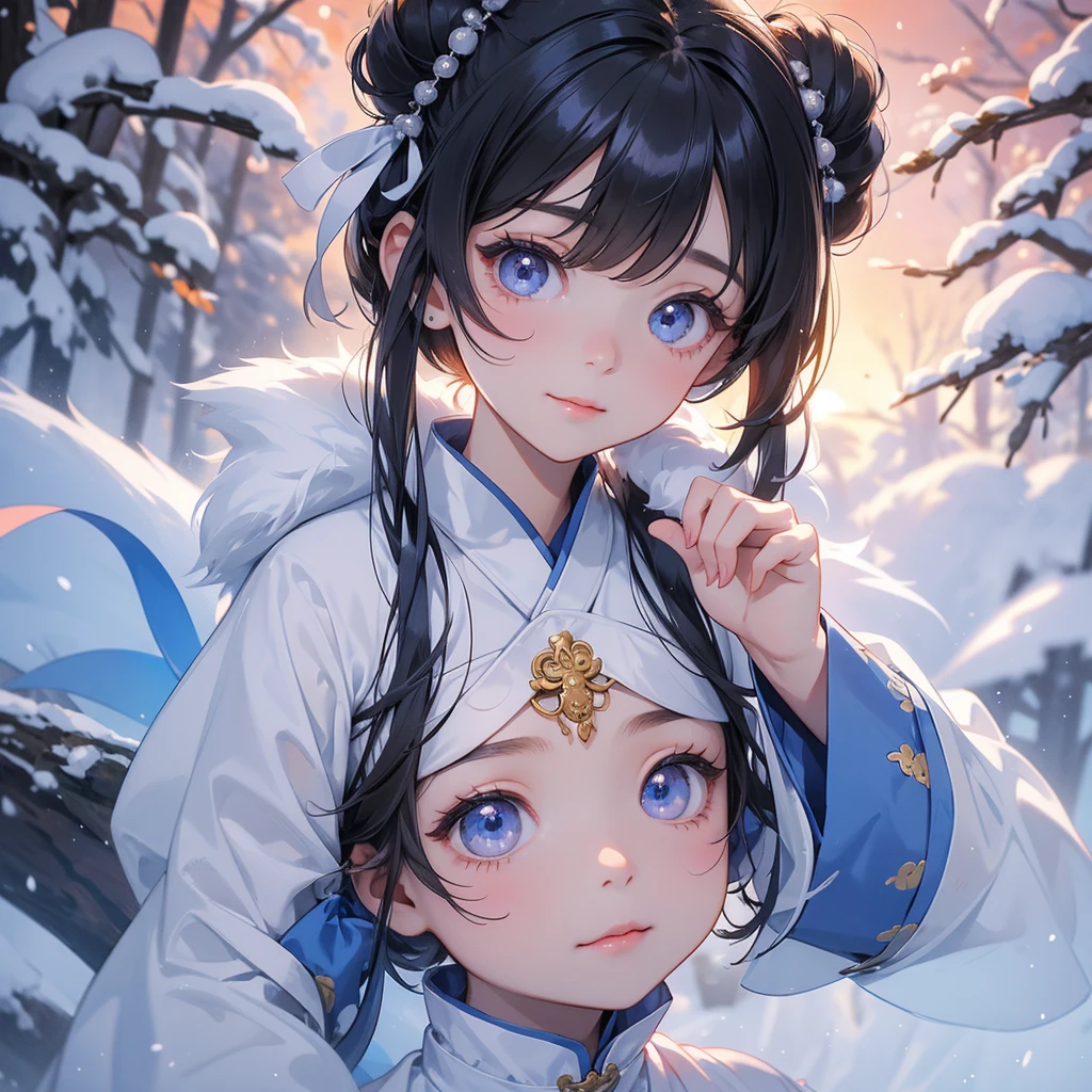 A chibi child girl had a small face and Wearing blue little Taoist priest's outfit. A pair of big round eyes shone with curiosity about him. This child was so cute! , raindrops are falling down, her hair is black with two buns on her hair.small chibi, chibi baby, smiling.
The little chibi baby looked up with his chest raised, and his face was old and proud.
Amidst the white snowy atmosphere, the snow is falling lightly, the trees are covered with white snow, sunset. Close up.