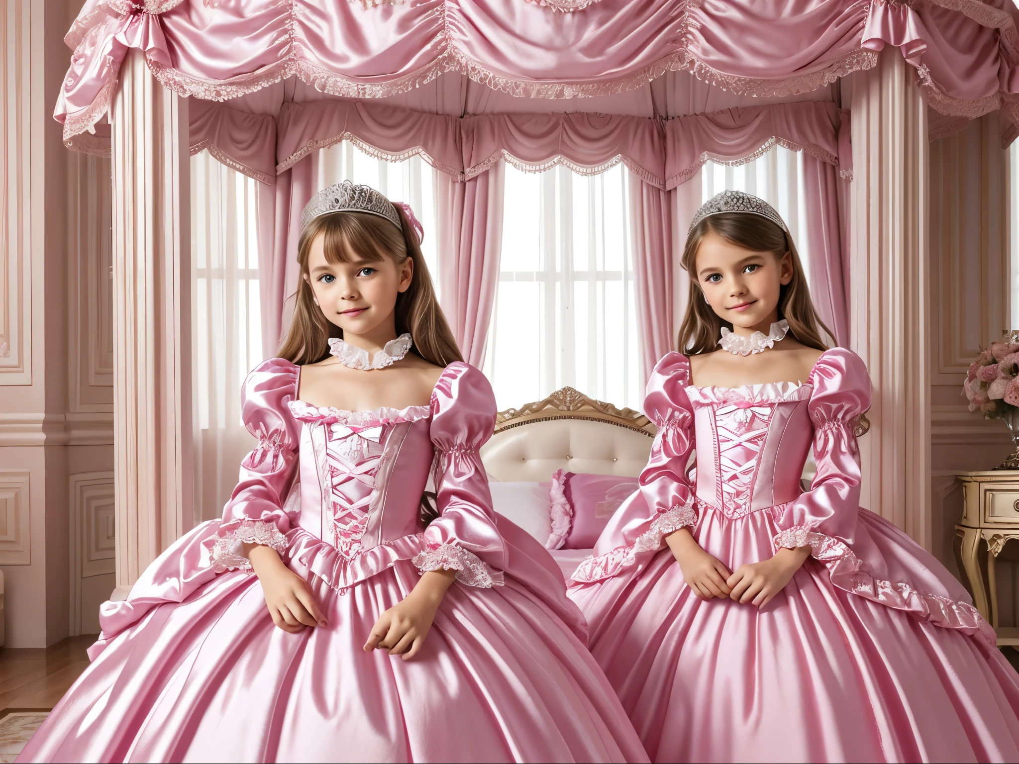 highest quality, masterpiece, highest resolution, artwork, super それにget used to it, many get used to it, get used to it, それにget used to it, 3k realistic pictures,,((10 year old s)),Ultra-detailed juvenile face,ultra-detailed beautiful little girl princess,full length ball gown dress with hoop skirt,ruffled yoke collar,puff sleeves,long sleeve,((Lolita style hot pink iled princess satin dress with lots of ruffles and ribbons)),Rococo style lolita fashion,shiny satinss,Soft and smooth fabric,detailed princess dress,luxury,long blonde hair,blue eyes,white skin european,Pajama,((in the bedroom of the palace)),luxury princess canopy king size pink bed,shiny satin sheets,ultra-detailed princess bed,High-quality background,lot of frilled pillows,on the bed,