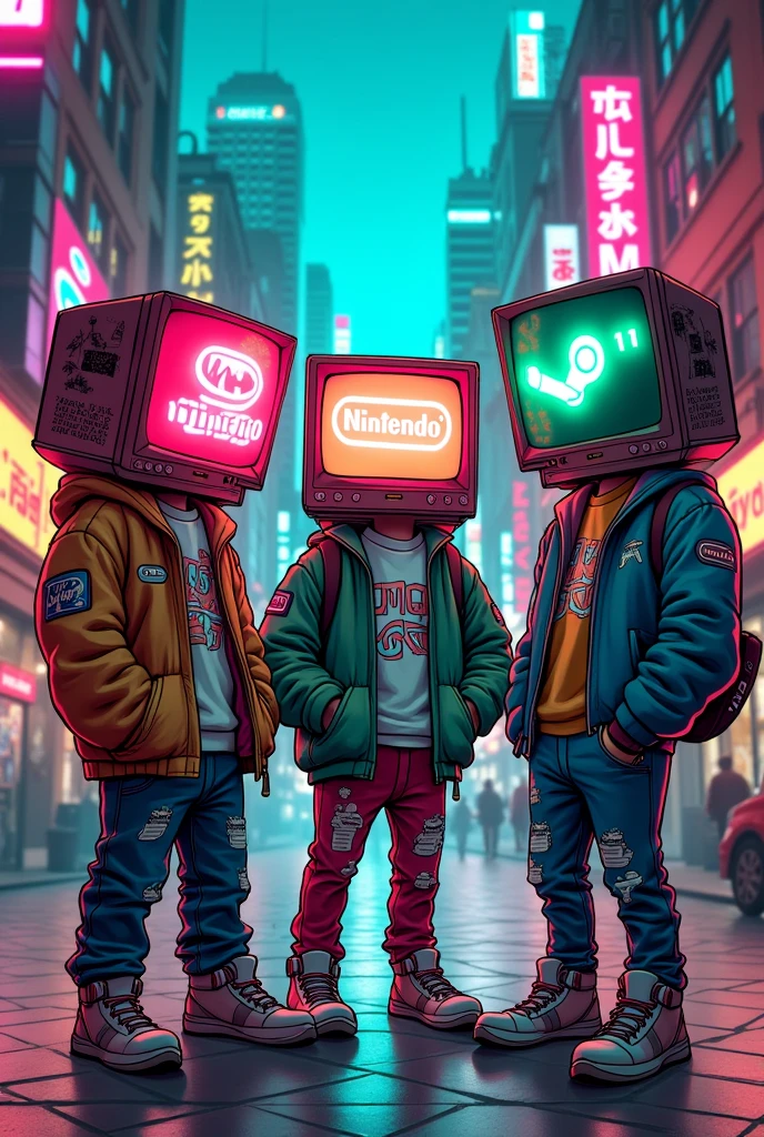 Boys with TV-shaped heads with the Nintendo Logo, Steam logo, Playstation logo, Xbox version logo manga