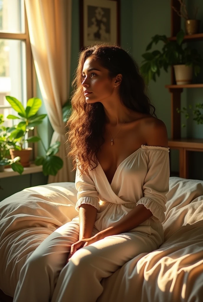 (photorealism:1.2), beautiful woman, sitting on bed, wearing loose off-shoulder top, pajama pants, long curly hair, indoors, soft lighting, plants in background, window with sunlight, cozy room, relaxed pose, realistic, intricate details, warm colors, by Greg Rutkowski, by Alphonse Mucha