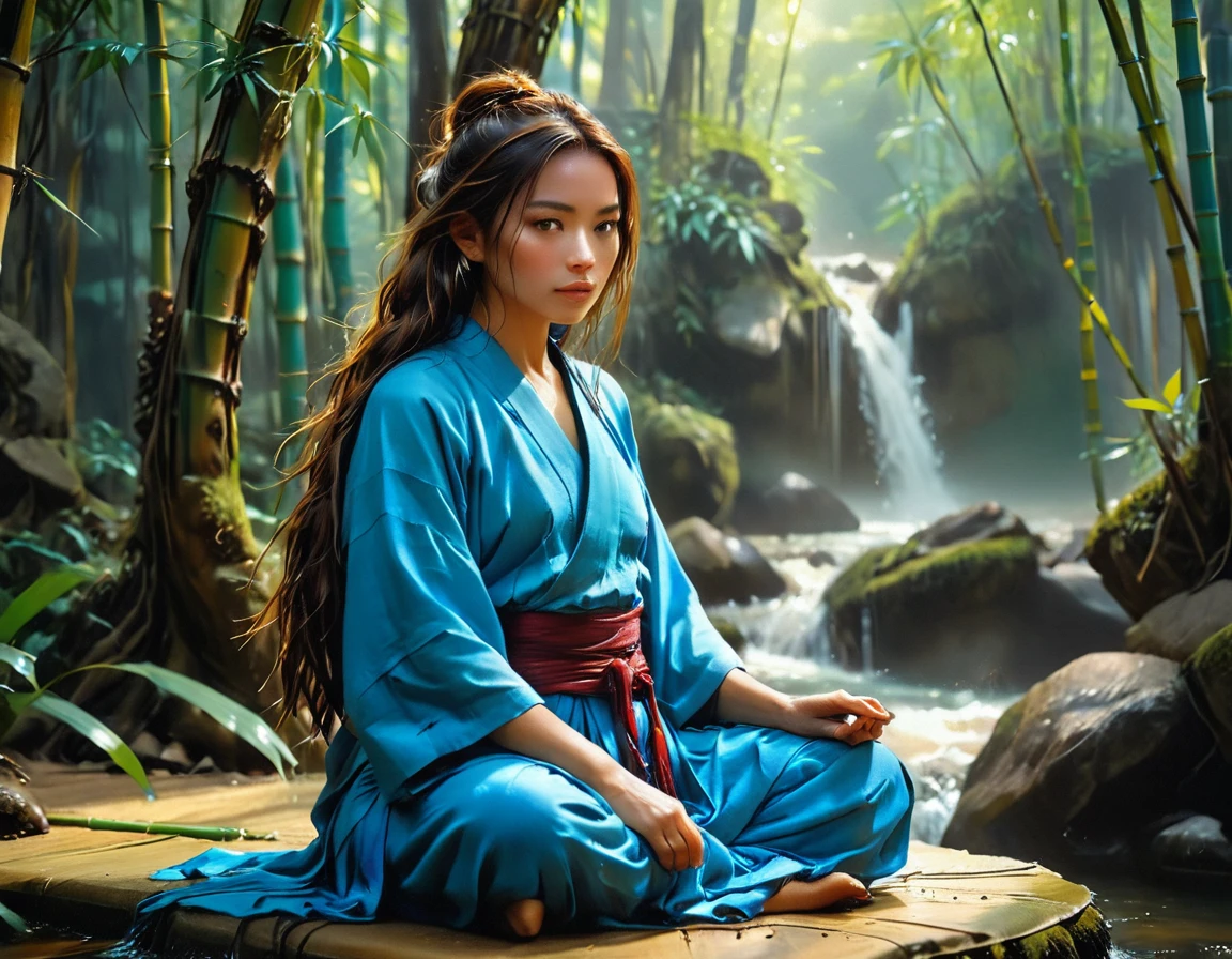 a picture of a (female monk: 1.2) sitting and meditating near a waterfall in a bamboo forest,  there is a human woman monk wearing monk garbs, (epic sized waterfall: 1.3), dynamic hair color, long hair, full body (best details, Masterpiece, best quality :1.5), ultra detailed face (best details, Masterpiece, best quality :1.5), ultra feminine (best details, Masterpiece, best quality :1.5), exquisite beautiful (best details, Masterpiece, best quality :1.5) dynamic hair color hair, long hair, wavy hair, pale skin, dynamic eyes color, intense eyes, water coming down from a volcanic cliff, she is sitting in a rich epic bamboo forest, clear water in many hues of blue and azure, it is the dawn of day, between night and day, the sun is rising, a time of meditation and serenity, bamboo forest background, fantasy art, photorealistic, D&D art, ultra best realistic, best details, best quality, 16k, [ultra detailed], masterpiece, best quality, (extremely detailed), ultra wide shot, photorealism, depth of field, hyper realistic painting, Cinematic Hollywood Film, Intense gaze