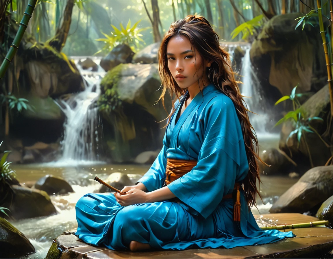 a picture of a (female monk: 1.2) sitting and meditating near a waterfall in a bamboo forest,  there is a human woman monk wearing monk garbs, (epic sized waterfall: 1.3), dynamic hair color, long hair, full body (best details, Masterpiece, best quality :1.5), ultra detailed face (best details, Masterpiece, best quality :1.5), ultra feminine (best details, Masterpiece, best quality :1.5), exquisite beautiful (best details, Masterpiece, best quality :1.5) dynamic hair color hair, long hair, wavy hair, pale skin, dynamic eyes color, intense eyes, water coming down from a volcanic cliff, she is sitting in a rich epic bamboo forest, clear water in many hues of blue and azure, it is the dawn of day, between night and day, the sun is rising, a time of meditation and serenity, bamboo forest background, fantasy art, photorealistic, D&D art, ultra best realistic, best details, best quality, 16k, [ultra detailed], masterpiece, best quality, (extremely detailed), ultra wide shot, photorealism, depth of field, hyper realistic painting, Cinematic Hollywood Film, Intense gaze
