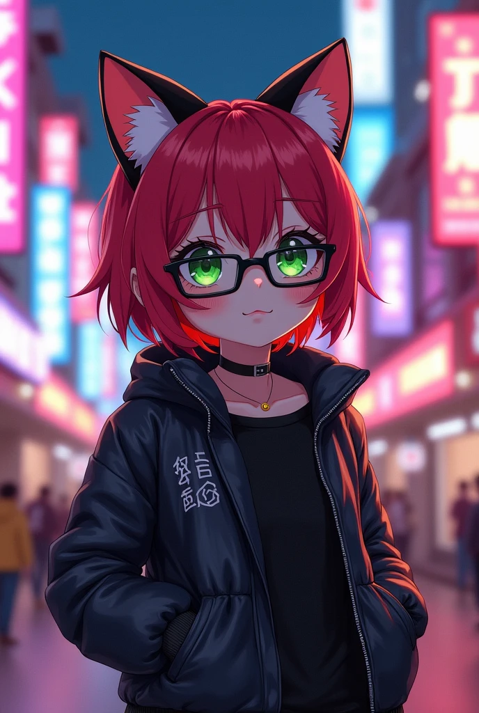 Short red-haired girl, with cat ears, green eyes wearing glasses and dressed in a black jacket. anime style
