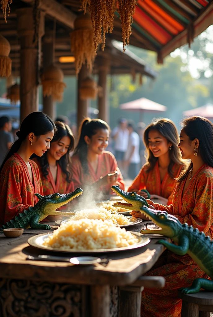 4 beautiful Indonesian women, hair flowing, wearing long , sitting behind the table and on the table there is a plate of rice with giant crocodiles, their hands are holding a chainsaw, the atmosphere of a food stall, busy with people,
minimal defects, ultra detailed, realistic