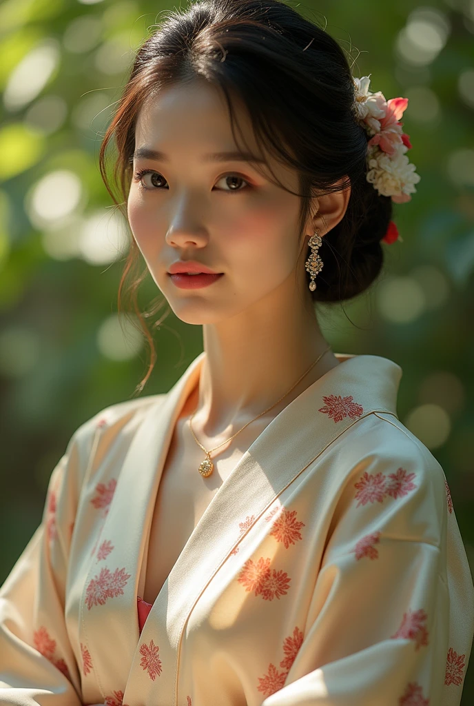 An elegantly dressed Japanese woman in natural light、A close-up of her chest and calm expression.、It shows her inner peace and outer charm.。