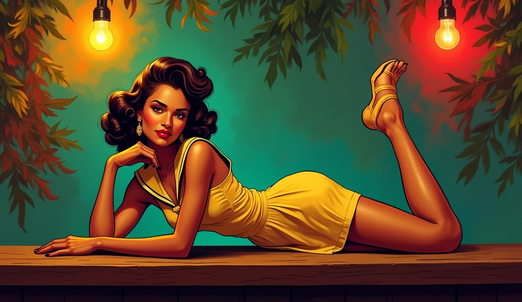 vectorial art, With a lot of Jamaican reggae, Authentic Jamaican Reggae Music Atmosphere,colorful illustrations, At the center, swirly vibrant colors, paint splashes and smears, high détail, Full length portrait of a woman (styled in 1940, sailor dress, highy detailed: 1.3), (highy detailed face: 1.8), (1940s Pompadour Hairstyle: 1.3), (slenderbody, small hips: 1.5 ), (lying on the bar: 1.5), (background inside a dark, old big band bar from the 1940s: 1.4), (Soft studio lighting, de Rua JCH, ISO 100,