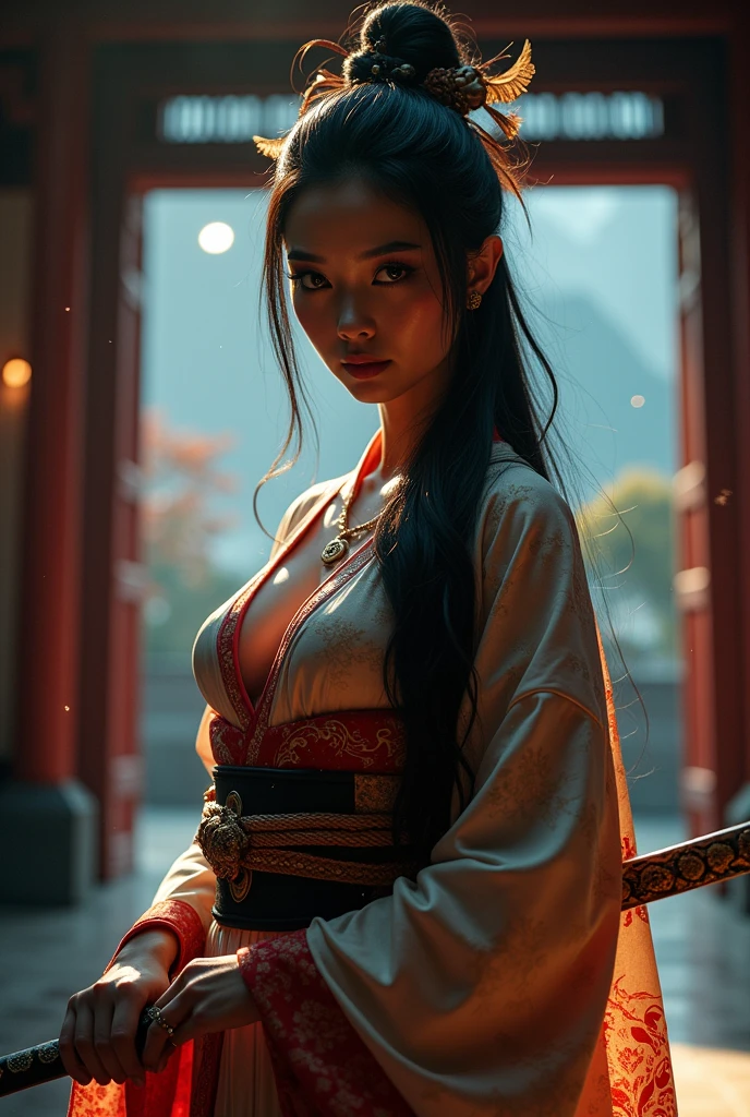 Low - Angle, From below, A goddess in kimono , Large Breasts, Shiny black hair, Law sword, Feather, Wide Hips, barefoot,, shrine, night, ponytail, sexy, Eye focus, Temple interior, Decorations, skyline, night, particle, chromatic aberration, detailed, Cinematic, Dark Scene, Fantasy