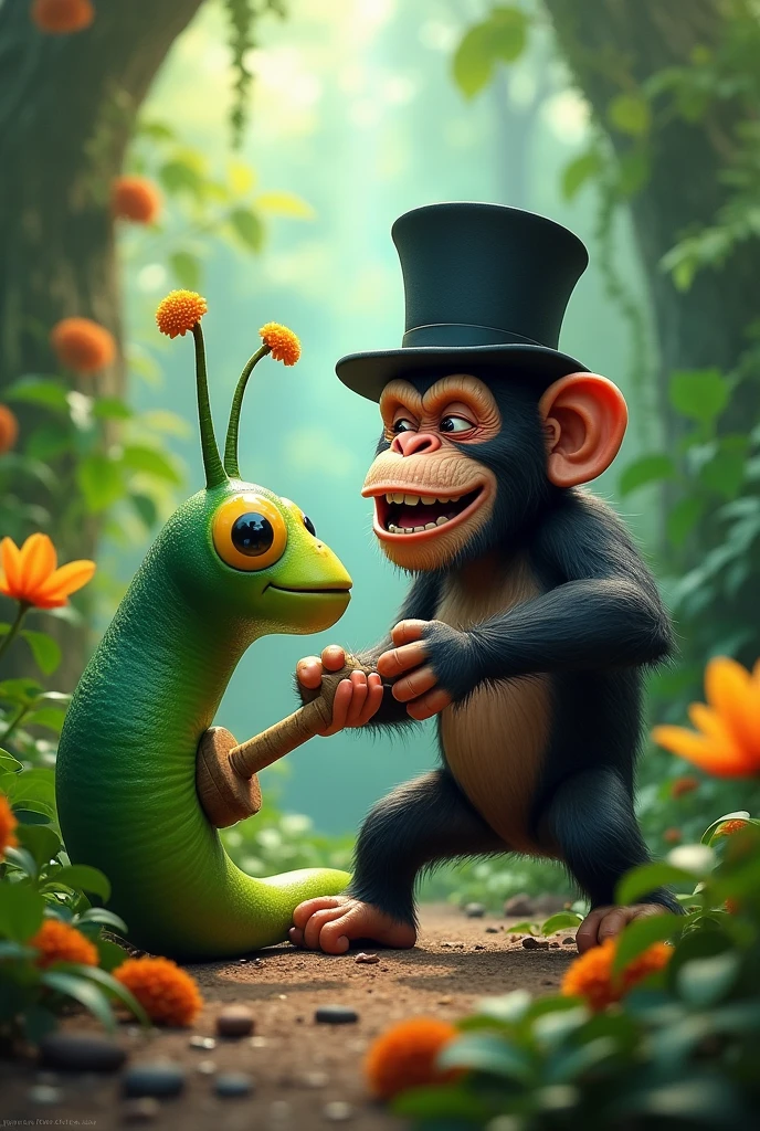 A chimpanzee wearing a top hat hitting a giant green slug