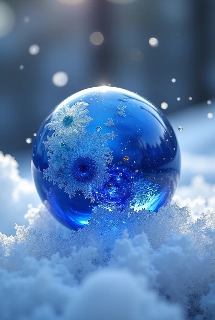 Blue sphere marble made of sapphire covered in ice

