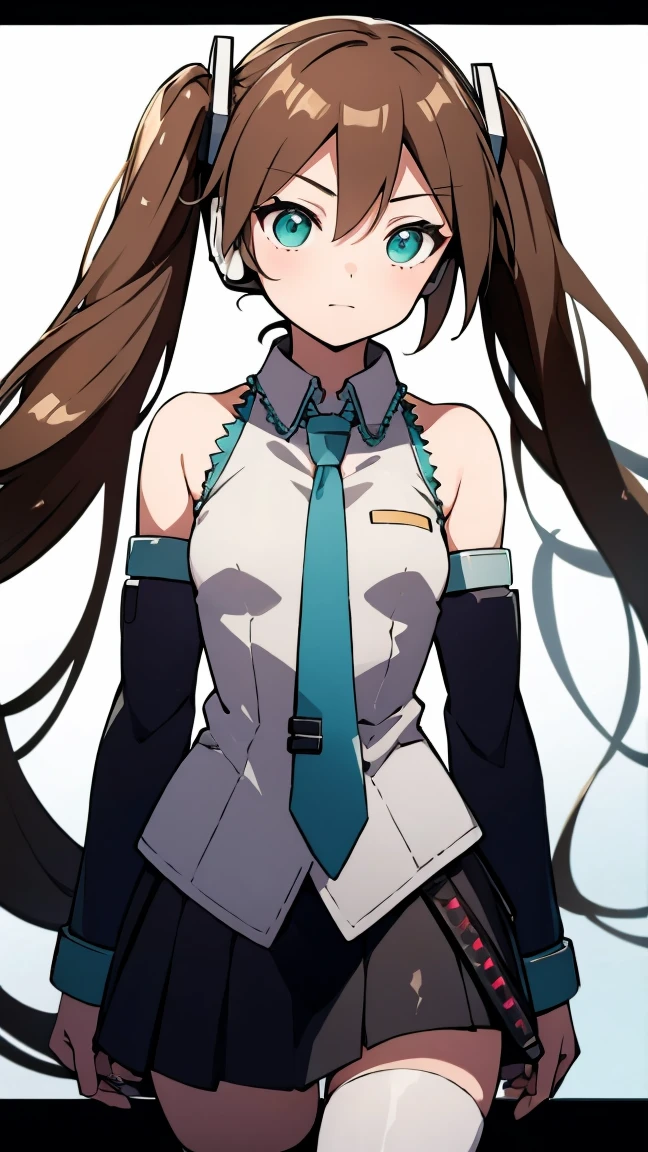 Aile_Megmanzx , 1girl, Simple background, Long hair,  Green eyes, Brown hair, Hatsune Miku Cosplay