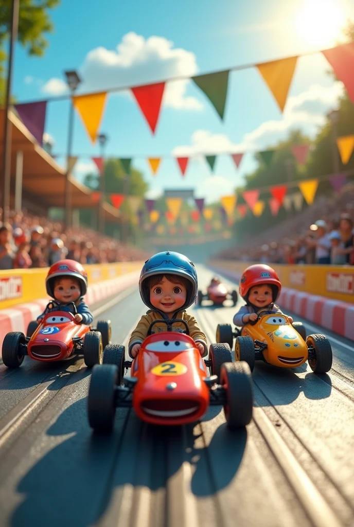 Children playing Tamiya 4wd mini car races on an official track 