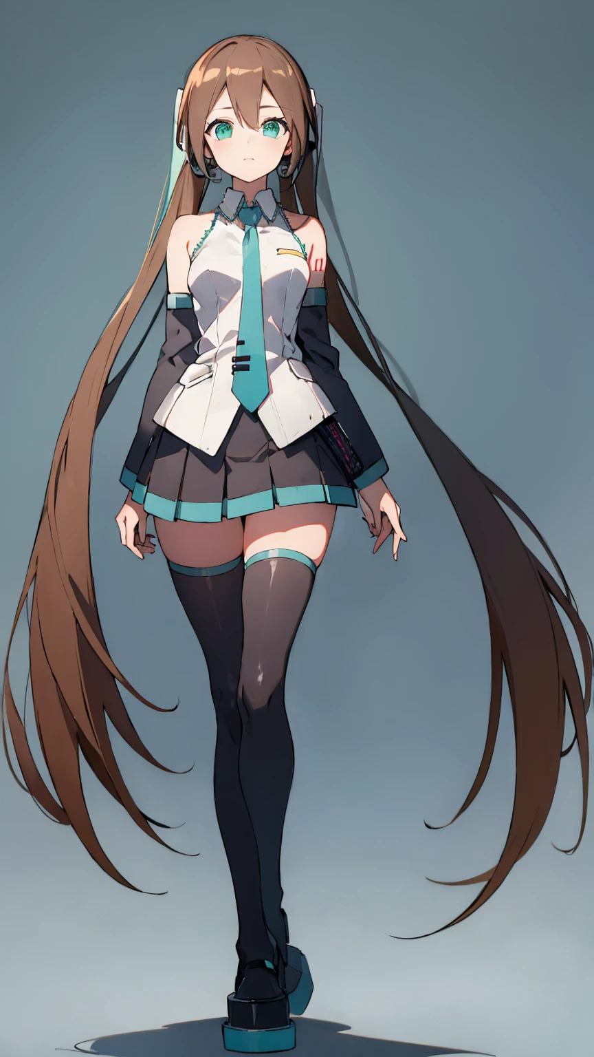 Aile_Megmanzx , 1girl, Simple background, Long hair, Green eyes, Brown hair, Hatsune Miku Cosplay