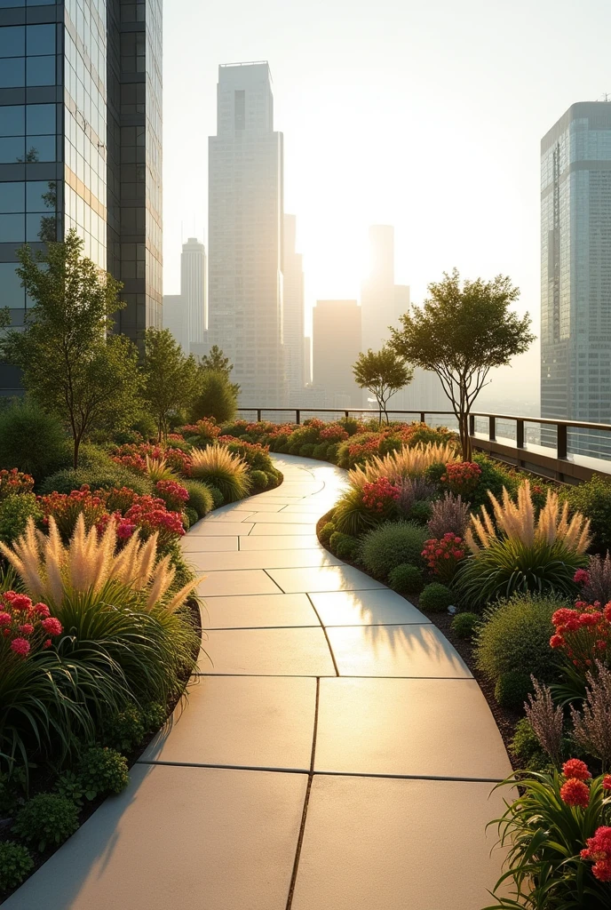 Modern rooftop garden, curved walkway, no trees, no pavilion, no seating