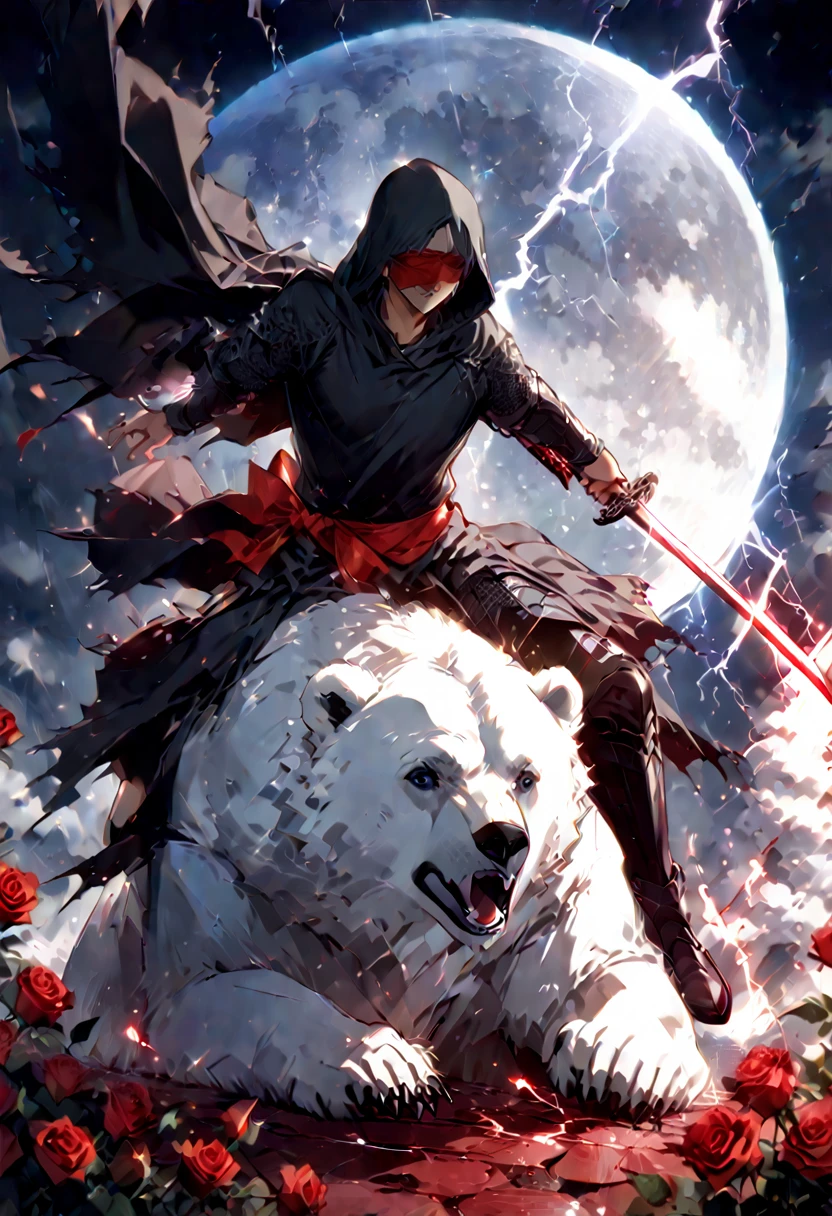 Masterpiece. In it a man with a black hood and a katana is riding a polar bear while the moon shines, Roses cover the ground and lightning falls from the sky. The man wears a red blindfold. The background of the picture in red.
The background is dark red.