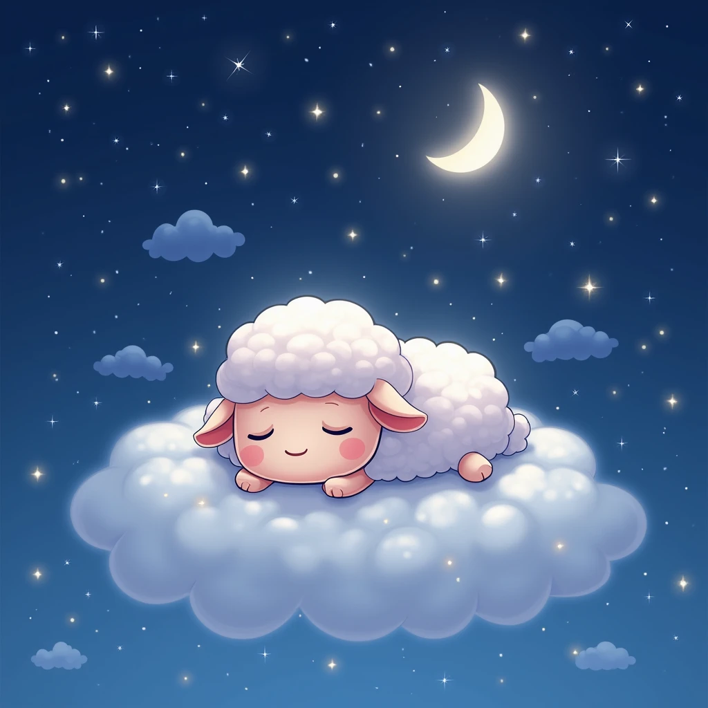 Cute anime drawing of a sheep Sleeping night Among the stars