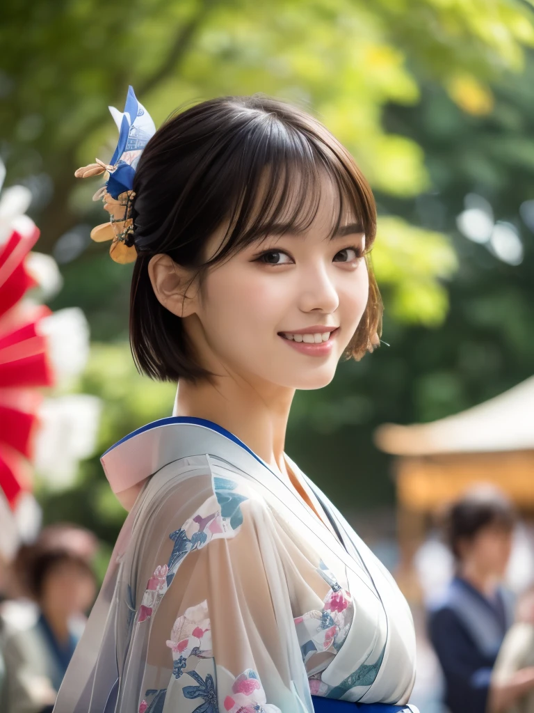 (Highest quality, 16K, Ultra-high resolution, masterpiece: 1.3)), 1 person, Sharp focus: 1.2, Beautiful woman with perfect figure: 1.4, Slim Abs: 1.2, (((Short Bob Hair)), ((rich: 1.4)), ((Face Models: 1.3)), (Kimono with a sense of sheer feeling: 1.5)), Highly detailed face and skin texture, Detailed eyes, double eyelid, (((Temporarily stop)), (attractive)), walk,smile, Summer in Japan,Summer festival,Bon dance, Low Angle, Shooting from below: 1.5, 8K RAW Photos:1.5,