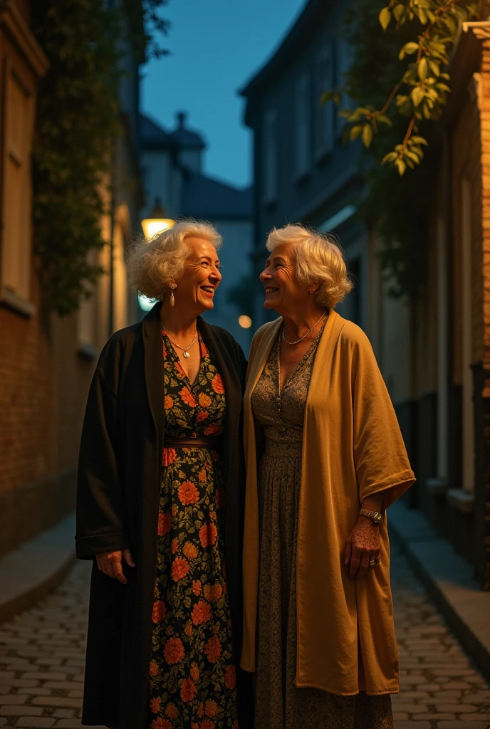 Drunk woman passing by old aunts at night. Aunts tug at woman by whispering from ear to ear