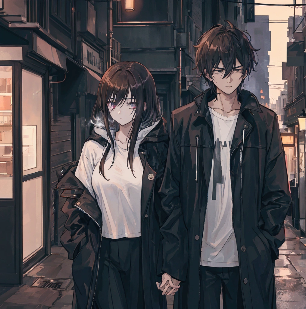 Generate an anime-style digital artwork featuring a melancholic young couple standing face-to-face in a moody, urban night setting. The female character, who is shorter than her male partner, has long, black or brown hair cascading down her back. She has tired expression, reflecting deep emotional weariness. A cigarette dangles from her lips, with wisps of smoke curling around her face, adding to the mysterious atmosphere. She wears a black top partially covered by a light jacket. The male character, standing directly in front of her, has short, black or brown hair that’s slightly tousled, with a rugged yet handsome appearance. His expression is calm but carries a hint of sadness, mirroring the emotional depth of his partner. He wears a simple dark shirt and jacket. Both characters are facing each other, slightly angled away from the camera, with their eyes locked onto each other, conveying a deep, intimate connection. The angle suggests that the viewer is observing a private, intense moment between them, where their bond is clear yet unspoken. The background is a dimly lit alleyway or an urban street at night, bathed in the faint glow of distant streetlights or neon signs. Deep shadows cast by the sparse lighting enhance the mood, creating a sense of solitude, introspection, and quiet defiance. The overall atmosphere should convey the feeling of two souls bound by shared experiences, standing together against a backdrop of a cold, indifferent cityscape. The color palette should be cool, dominated by blues, purples, and dark tones, with occasional warm highlights from the streetlights or cigarette embers. Ensure both characters are the focus, with the setting complementing their emotional state, creating a harmonious yet haunting scene that captures the essence of their bond and the loneliness of the urban night