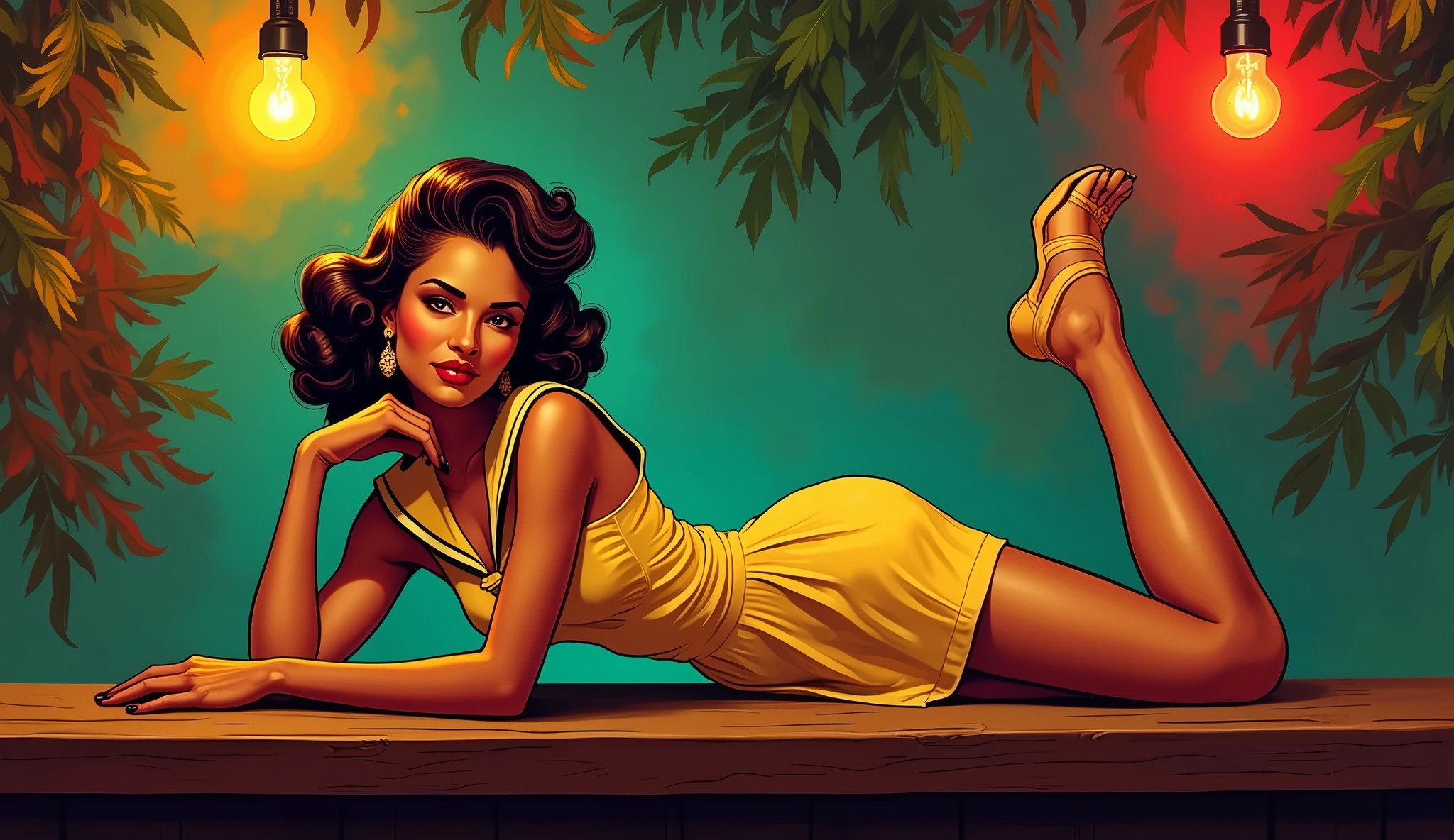 vectorial art, With a lot of Jamaican reggae, Authentic Jamaican Reggae Music Atmosphere,colorful illustrations, At the center, swirly vibrant colors, paint splashes and smears, high détail, Full length portrait of a woman (styled in 1940, sailor dress, highy detailed: 1.3), (highy detailed face: 1.8), (1940s Pompadour Hairstyle: 1.3), (slenderbody, small hips: 1.5 ), (lying on the bar: 1.5), (background inside a dark, old big band bar from the 1940s: 1.4), (Soft studio lighting, de Rua JCH, ISO 100,