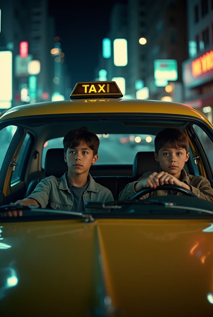A boy driving a taxi and a boy as a passenger but behind the passenger seat there is a kidnapped girl the girl asks for help but the driver tells her to shut up make everyone be adults
