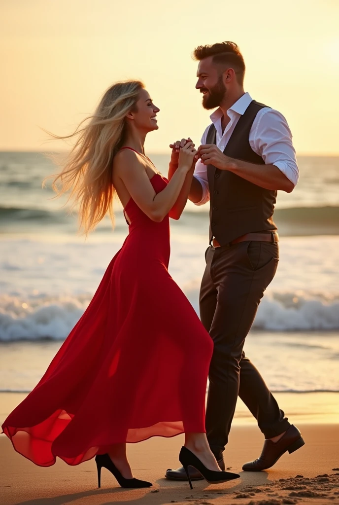 Create a realistic image of a 20 year old woman, long blond hair, blue eyes, cheekbones, ((full body)) dressed in a red dress, black heels, dancing with a bearded man, the man is dressed with a pleated pants, a shirt and a bartender vest, background image of a payotte on the beach, head to toe, full body