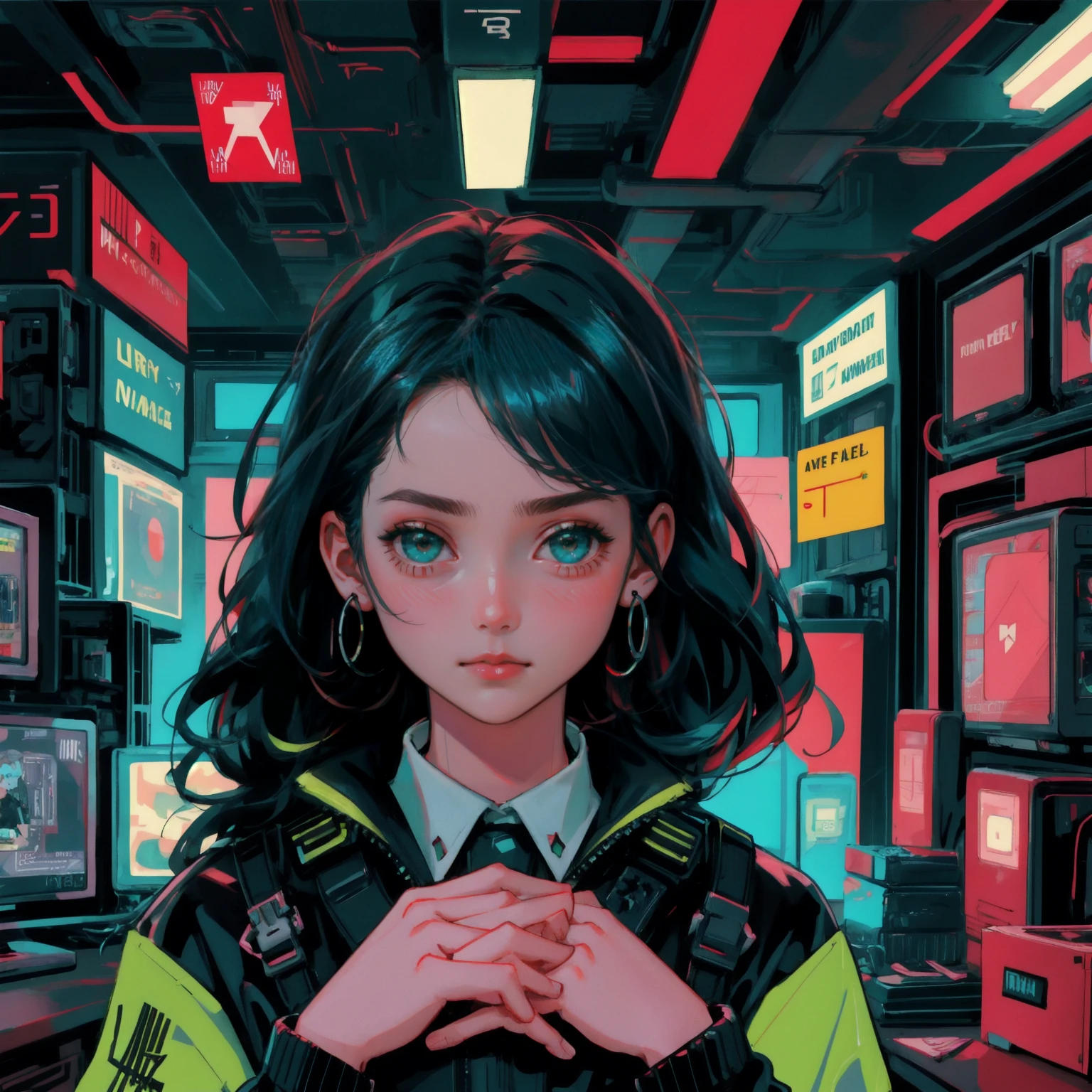 A young girl sits in front of his computer, eyes wide open and hands on his face, expressing extreme fear as the stock market plummets. He is surrounded by trading cards and charts, in a comic book-style illustration. The word "FOMO" is written above him, with a red color palette and green accents, conveying a cyberpunk vibe against a dark background