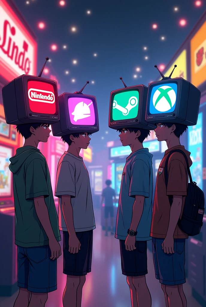 Boys with TV-shaped heads with the Nintendo Logo, Steam logo, Playstation logo, Xbox version logo manga