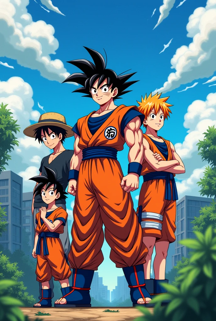 goku with naruto,ichigo and luffy