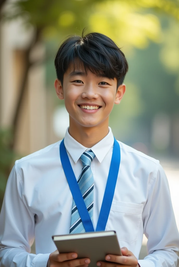 (Masterpiece),(complication:1.3),(The most realistic),((not revealing or provocative)),(Dress appropriately and neatly.),(A student), Portrait of a man, 18 years old, beautiful face, Handsome Thai face ,black hair,smiling and happy, holding a notebook, Thai person ((wearing a white long-sleeved collared shirt)), (Wear a blue lanyard with white lettering that says "kalasin Vacational School"),(Tie a light blue tie with darker diagonal stripes alternating.), Dressed simply,warm light, weak sunlight, Photo shows only half of the body ,professional photographer for detailed photos, Have clarity, dramatic, Awarded first prize, Cinematic lighting, (film grain,A blurry background, Blurred background, bokeh, depth of fied),(Children under 18 years old can watch.)
