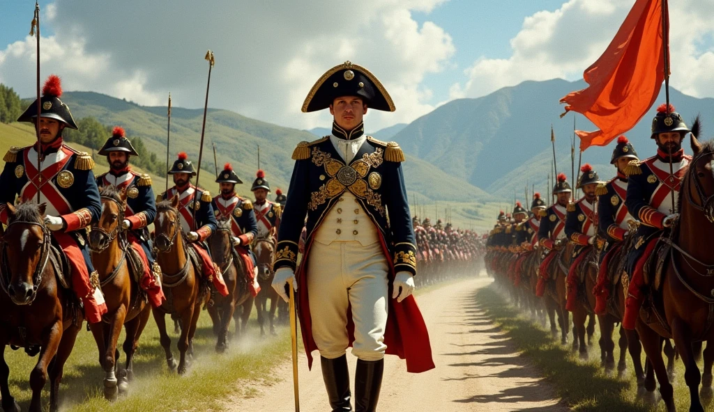 Napoleon in his early military uniform, marching confidently with fellow soldiers during the Italian Campaign."