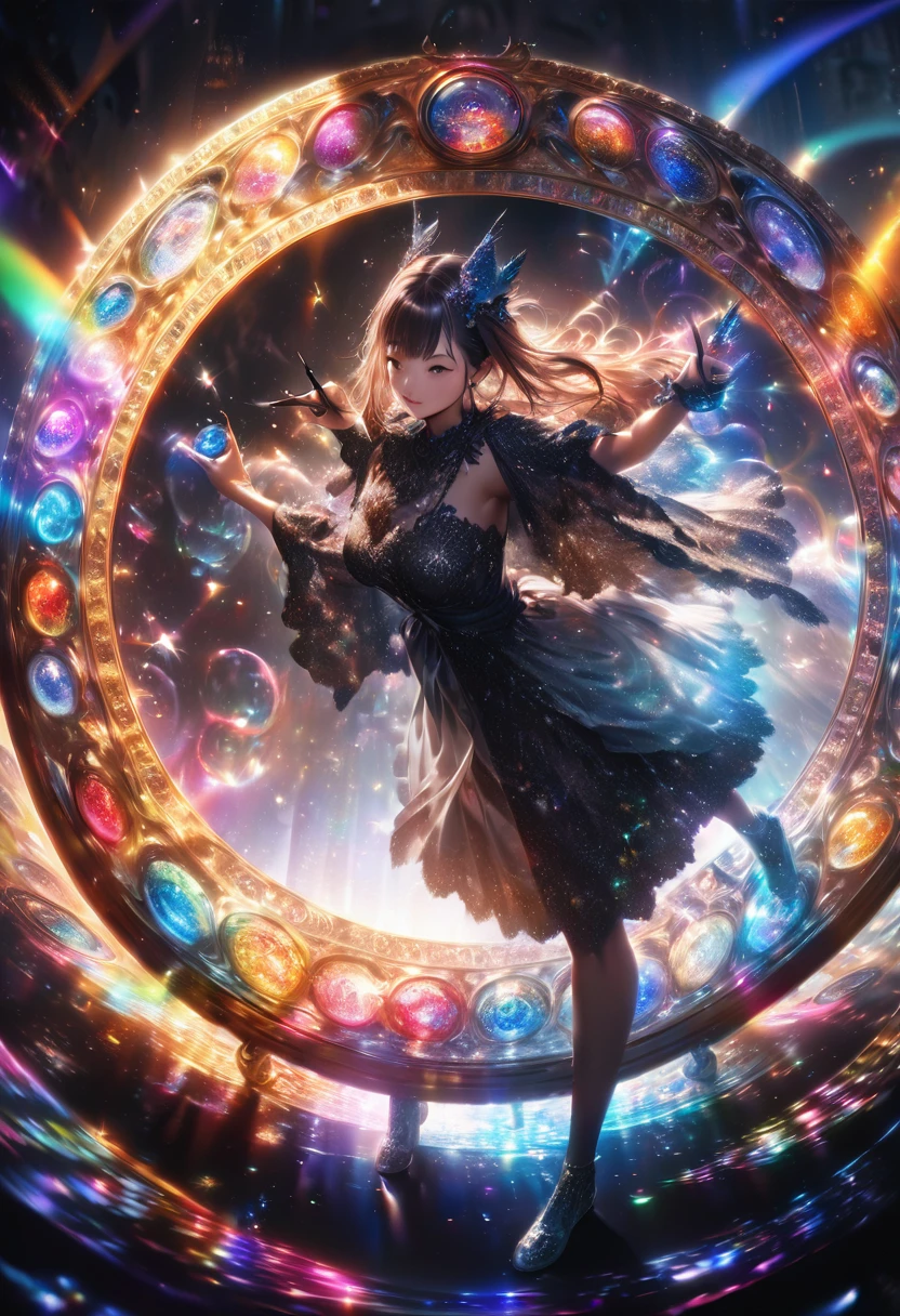 fusion of merry-go-round kaleidoscope magic circle, puppet show made of black shadow puppets, colorful colors, shading effects, gradation magic effects, foggy filter effects, glitter effects, (ultra detailed, absolutely resolution, best quality:1.3), 2.5D, delicate and dynamic, artistic photography, hyper realistic, graphic CG digital fantasy art