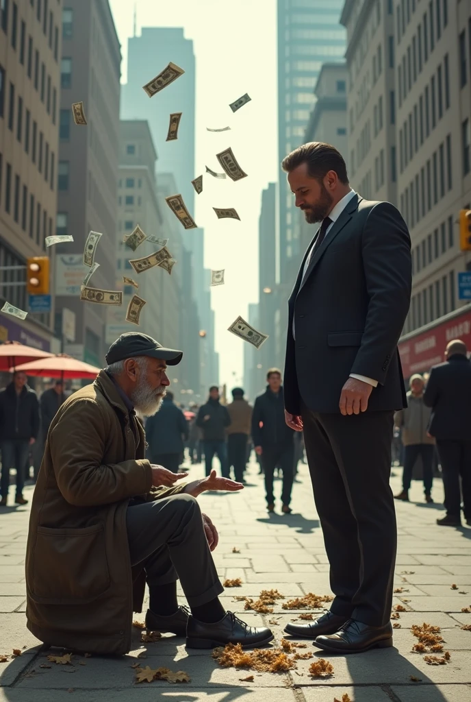 Egoistic person throwing money on beggar 
