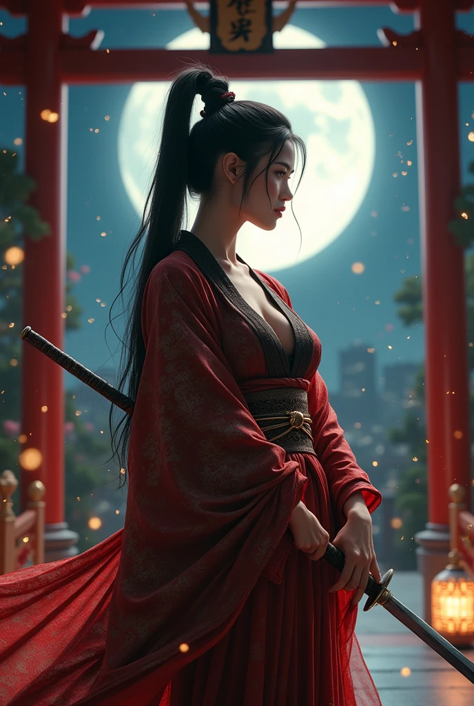 whole body, A goddess in kimono , Large Breasts, Shiny black hair, Law sword, Feather, Wide Hips, barefoot,, shrine, night, ponytail, sexy, Eye focus, Temple interior, Decorations, skyline, night, particle, chromatic aberration, detailed, Cinematic, Dark Scene, Fantasy