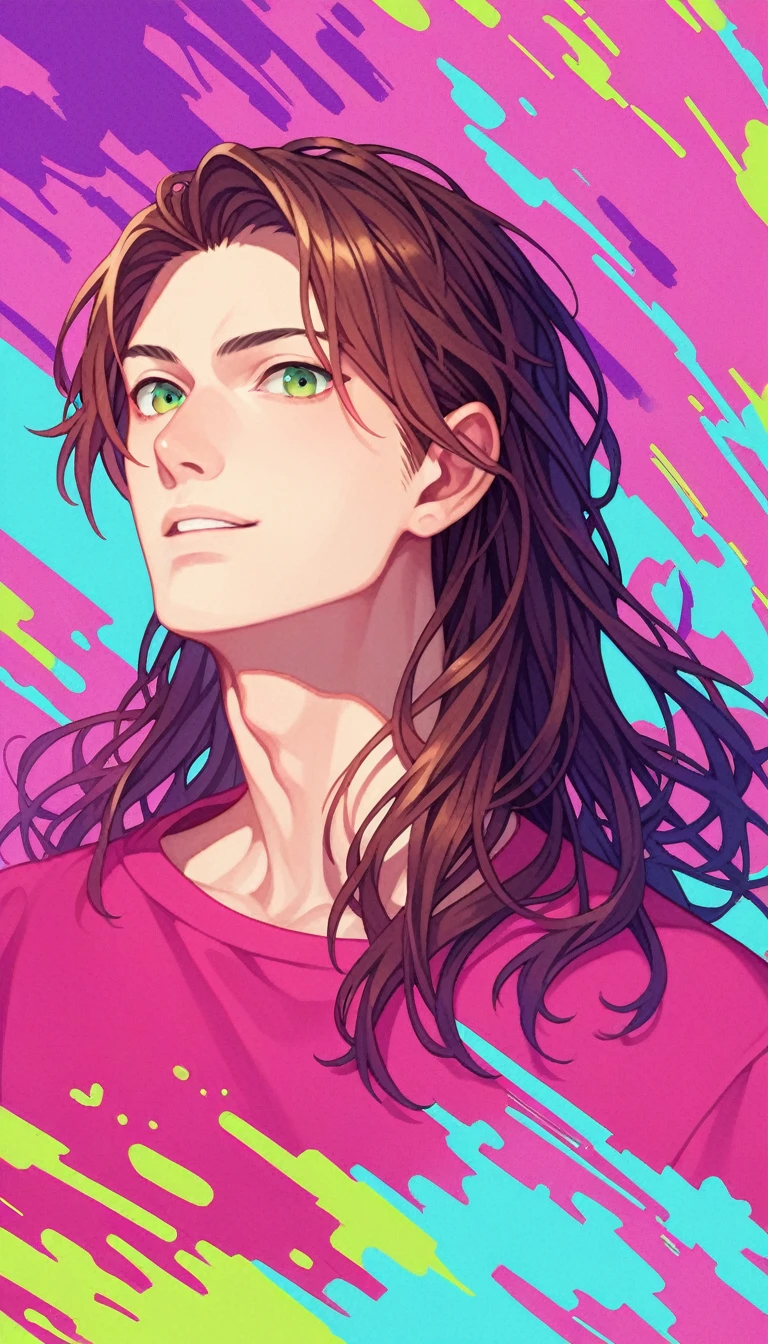 Anime Style, male, Reddish brown hair, Green Eyes, Sharp Eyes, Long Hair, Calm. wise, Neon purple graffiti background, Utopian City, Surrealism, Expressionism, Anime Style, Cast a Shadow, Film Grain, Vignetting, silhouette, 1080P, Anatomically correct