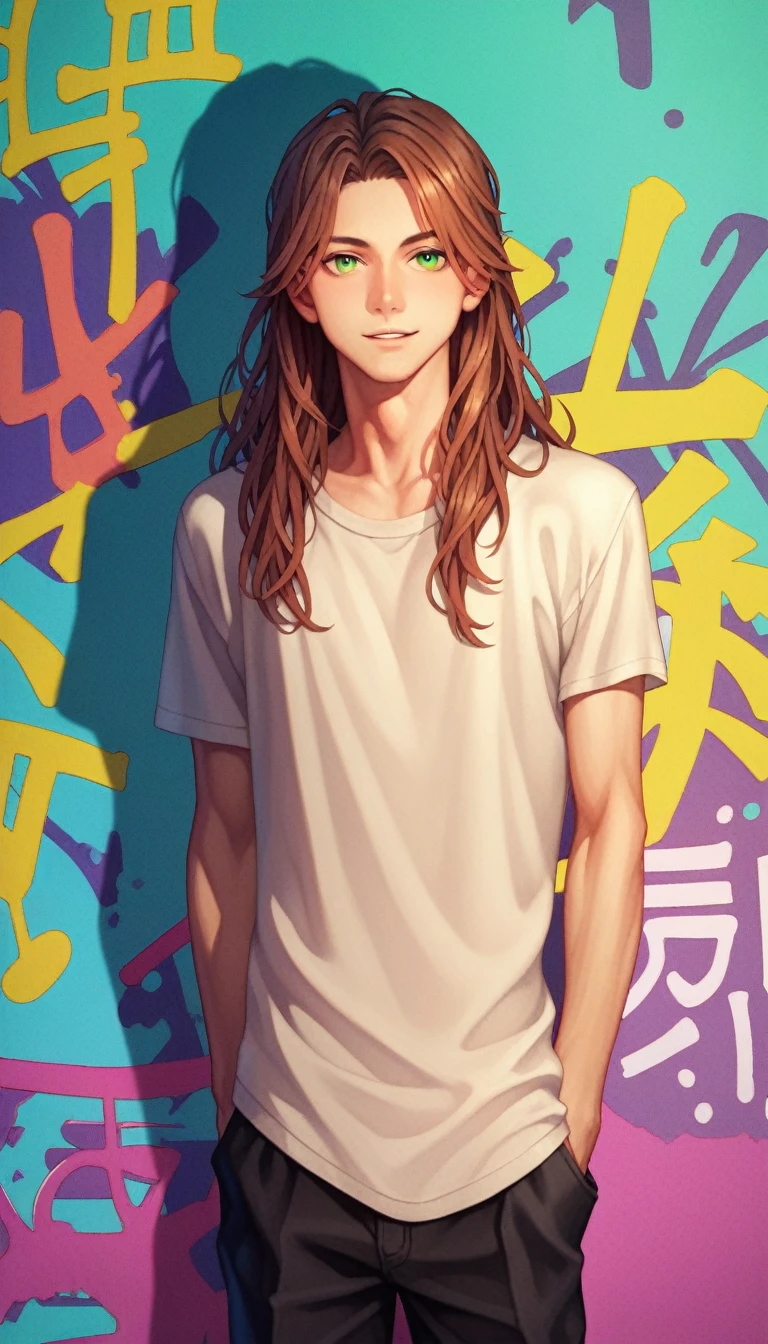 Anime Style, male, Reddish brown hair, Green Eyes, Sharp Eyes, Long Hair, Calm. wise, Neon purple graffiti background, Utopian City, Surrealism, Expressionism, Anime Style, Cast a Shadow, Film Grain, Vignetting, silhouette, 1080P, Anatomically correct