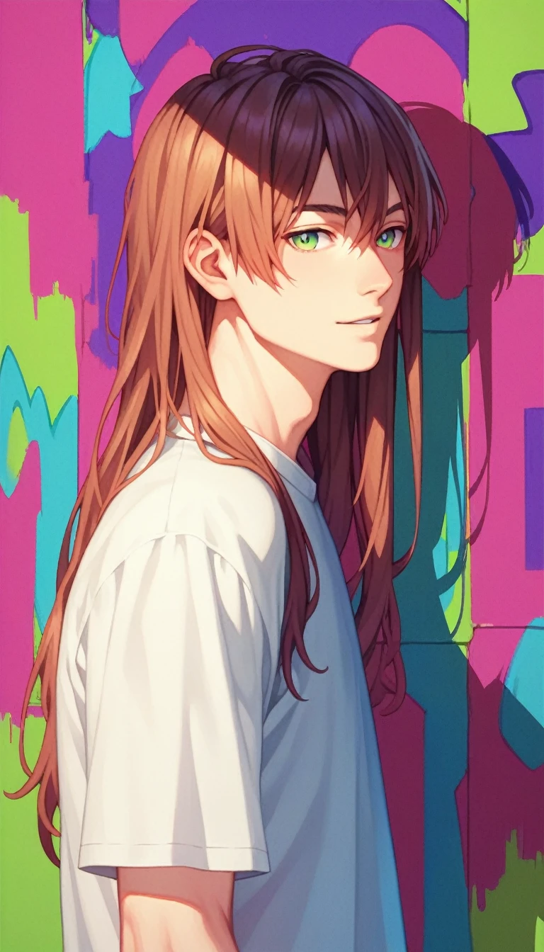 Anime Style, male, Reddish brown hair, Green Eyes, Sharp Eyes, Long Hair, Calm. wise, Neon purple graffiti background, Utopian City, Surrealism, Expressionism, Anime Style, Cast a Shadow, Film Grain, Vignetting, silhouette, 1080P, Anatomically correct