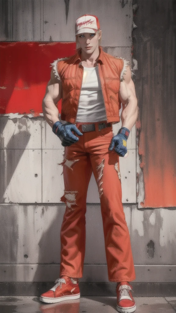 terrybogard, 1 guy, red vest, hair blonde, hypdertailed, Red trucker's cap, white sleeveless shirt, jeans, waist belt, gloves fingerless, Red sneakers, detailded eyes, detailded face, ((work of art, high resolution, perfect photo)), city at night, streets, neon, crossed arms, (detailded:1.2), atmospheric,