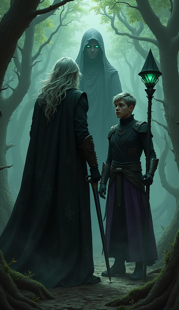 In a shadowy part of the forest, Vortex and Raven encounter the witch. The witch, a tall and menacing figure, wears a long, dark robe adorned with arcane symbols. Her wild silver hair frames a face illuminated by the sinister glow of her emerald green eyes. She wields a dark staff topped with a malevolent crystal that pulses with dark energy. The air around her crackles with a sense of foreboding. Vortex, the dark-clad warrior with long black hair and a black coat, stands firmly, his dark sword ready. Next to him, Raven, a male elf archer with deep purple leather armor and flowing silver hair, readies his bow. Both are portrayed at equal height and prominence, emphasizing their equal stature and resolve. The witch's malevolent grin hints at her deceitful nature as she provides information about the thieves’ location.
