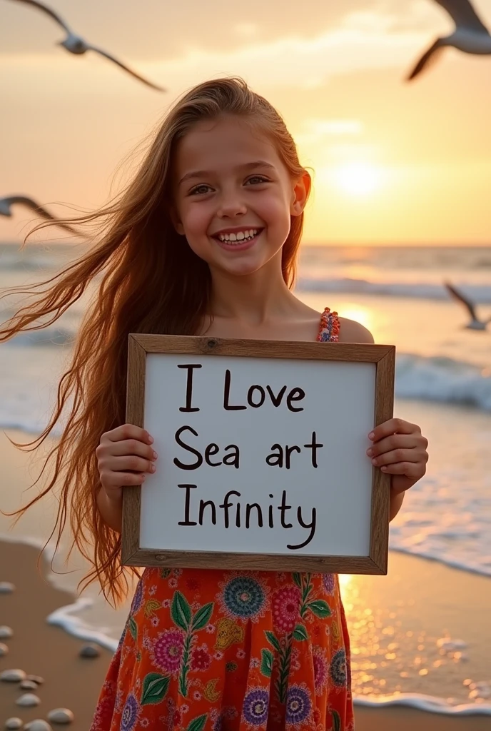 Beautiful girl with wavy long hair, bohemian dress, holding a white board with text "I Love Seaart Infinity" and showing it to the viewer