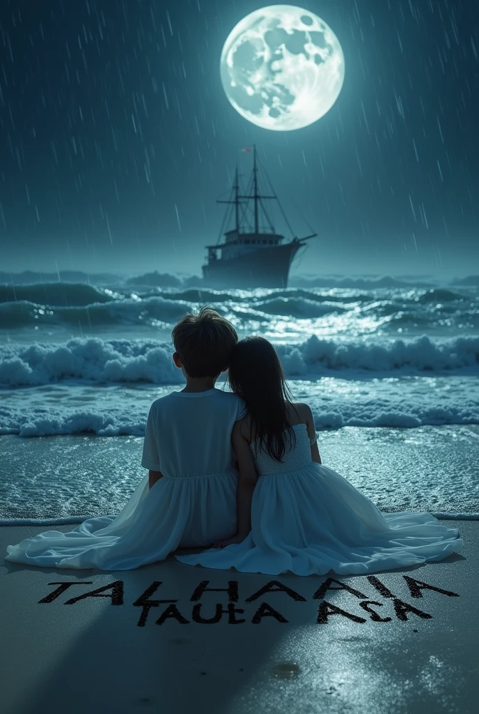 The boy and girl in white dress are sitting on the banks of the sea and wind is moving fast and the girl's head is resting on the boy's shoulder and written girl name TALHA AQSA in sand and  it is midnight and it is raining heavily and the moon and stars are there and there is a big boat in the middle of the sea 