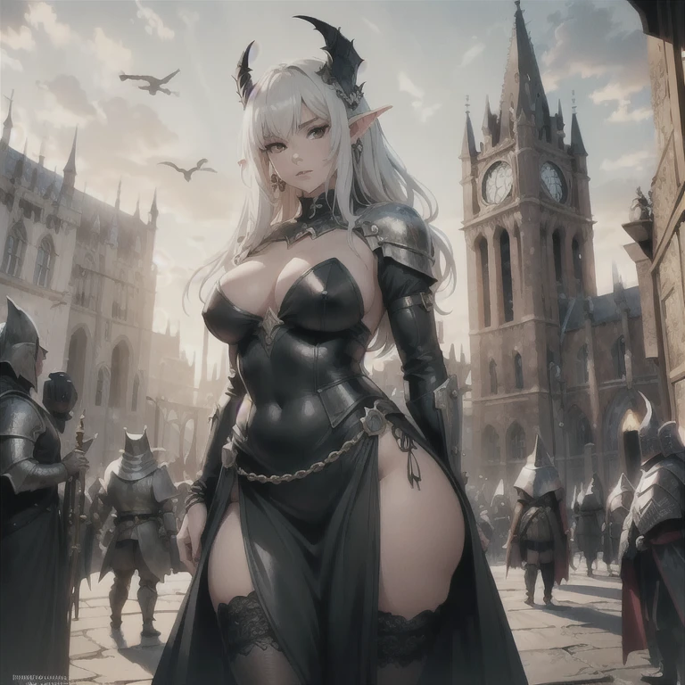 best quality, high rating, 8k, high resolution, beautiful face, gorgeous, masterpiece, ((flawless)), (((high rating))), (highly detailed face), masterpiece, full resolution, highly detailed skin texture, 8k, high resolution, beautiful face, 1woman, goblin queen, standing infront of tower, dungeon, knight, guards, giant dungeon tower, fields