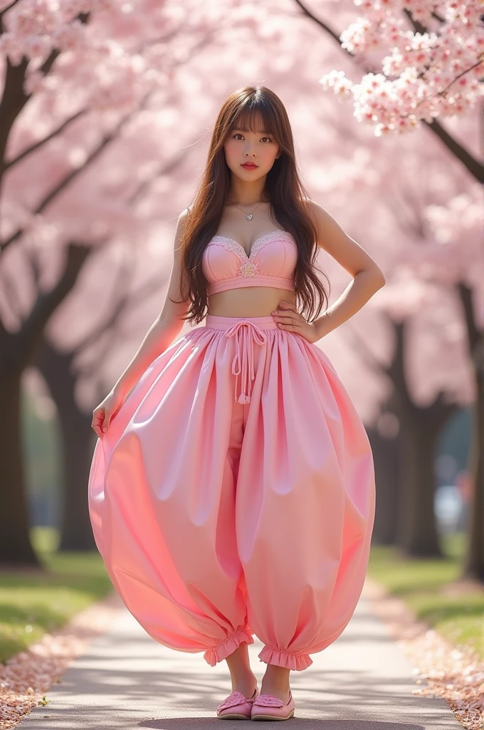 Japanese high school girl, solo, fullbody, huge breast, deep cleavage, extra large breasts, J-cup breasts, brown eyes, brown long hair in a princess cut, wearing an Arabian outfit consisting only of humongous inflatable satin full length Princess Jasmine-style pantaloons with her belly button showing, pink school slippers, & a giant inflatable satin bra. The pantaloons are light pink and extremely puffy and completely round and completely spherical, high quality.