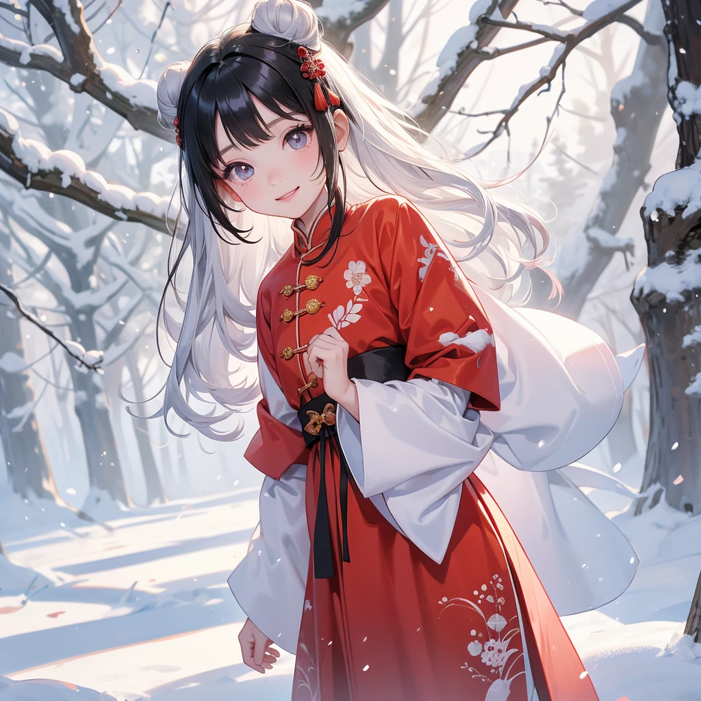 A chibi child girl had a small face and Wearing a little Taoist priest's outfit. A pair of big round eyes shone with curiosity about him. This child was so cute! Wearing a chinese new year dress, Amidst the white snowy atmosphere, the snow is falling lightly, the trees are covered with white snow.


her hair is black with two buns on her hair.small chibi, chibi baby, smiling ,Chibi.

