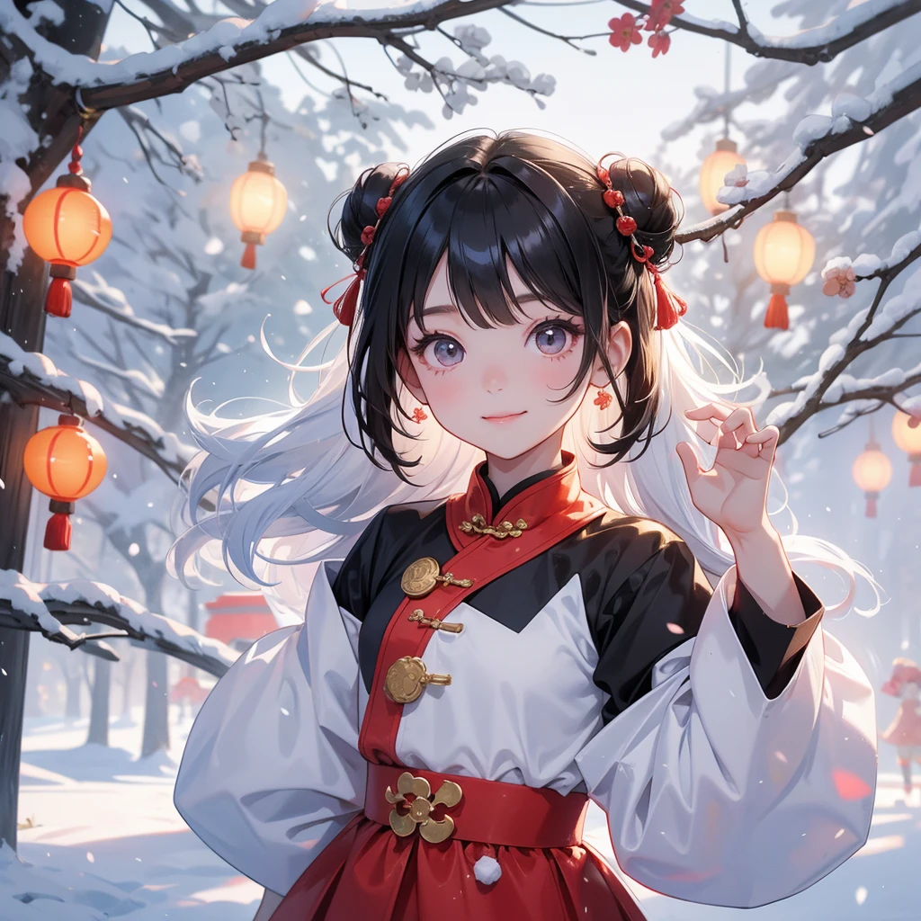 A chibi child girl had a small face and Wearing a little Taoist priest's outfit. A pair of big round eyes shone with curiosity about him. This child was so cute! Wearing a chinese new year dress, Amidst the white snowy atmosphere, the snow is falling lightly, the trees are covered with white snow.


her hair is black with two buns on her hair.small chibi, chibi baby, smiling ,Chibi.

