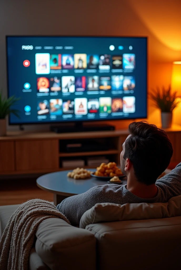 Someone relaxing and looking for a list of Film to watch on his Flat screen large Tv on his Cough 