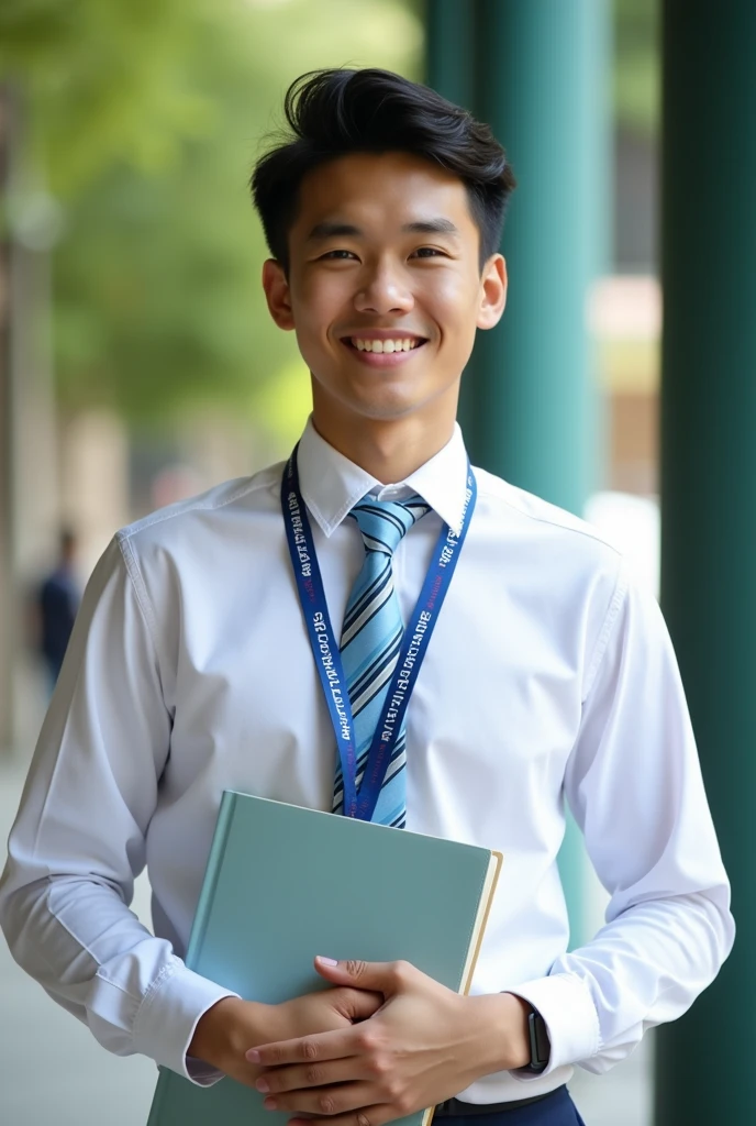 (Masterpiece),(complication:1.3),(The most realistic),((not revealing or provocative)),(Dress appropriately and neatly.),(A student), Portrait of a man, 18 years old, beautiful face, Handsome Thai face ,black hair,smiling and happy, holding a notebook, Thai person ((wearing a white long-sleeved collared shirt)), (Wear a blue lanyard with white lettering that says "kalasin Vacational School"),(Tie a light blue tie with darker diagonal stripes alternating.), Dressed simply,warm light, weak sunlight, Photo shows only half of the body ,professional photographer for detailed photos, Have clarity, dramatic, Awarded first prize, Cinematic lighting, (film grain,A blurry background, Blurred background, bokeh, depth of fied),(Children under 18 years old can watch.