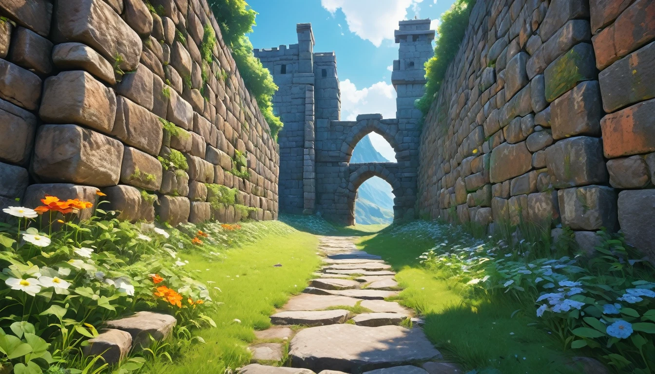 (anime, fantasy, stone wall), (detailed CG unity 8k wallpaper, masterpiece, best quality, ultra-detailed, HDR:1.2), {4k texture, detailed texture}. a huge stone wall, towering wall, grandeur, gigantic scale. depth of field, detailed matte painting, vibrant color, intricate detail, splash screen, complementary colors, fantasy concept art, Unreal Engine 5